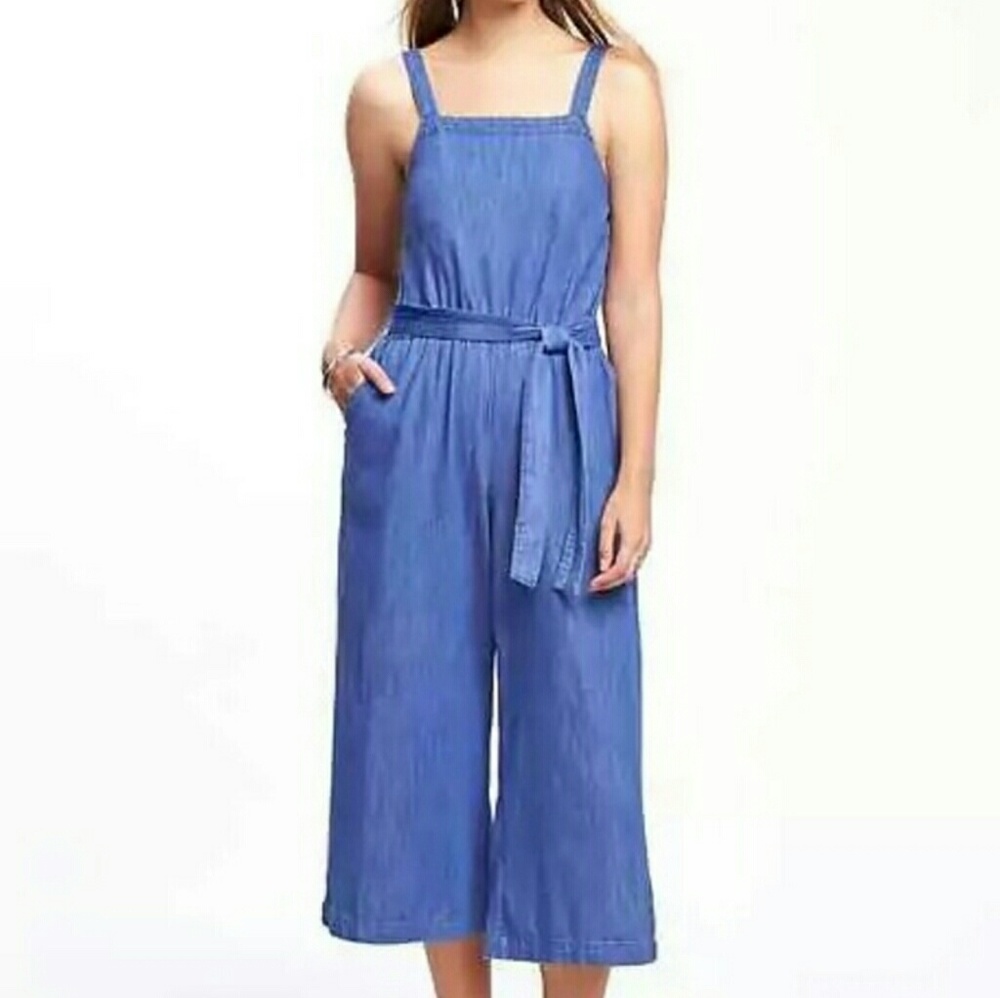 Wide leg denim jumpsuit